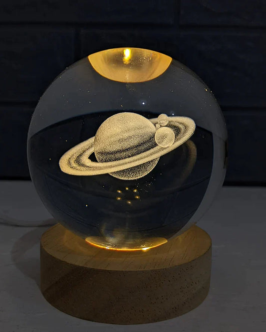 3D Planet Galaxy Crystal Night Light | LED Crystal Ball Lamp with Wooden Base