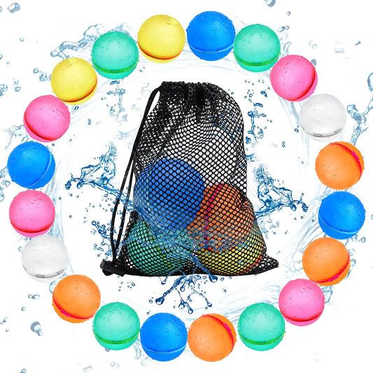 Pack of 12 colourful reusable magnetic water bombs floating in a bucket ready for a summer water fight