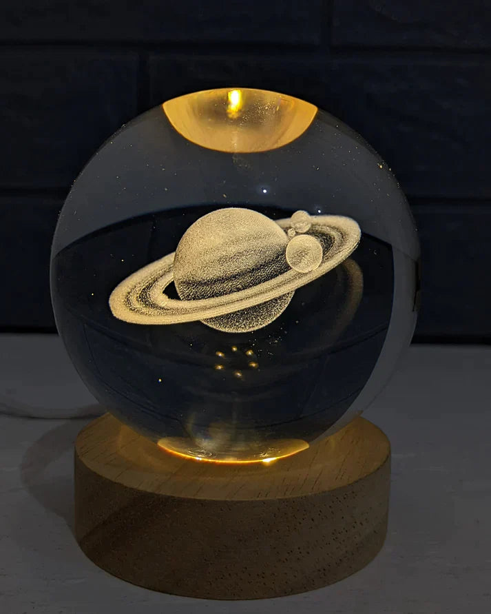3D Planet Galaxy Crystal Night Light | LED Crystal Ball Lamp with Wooden Base