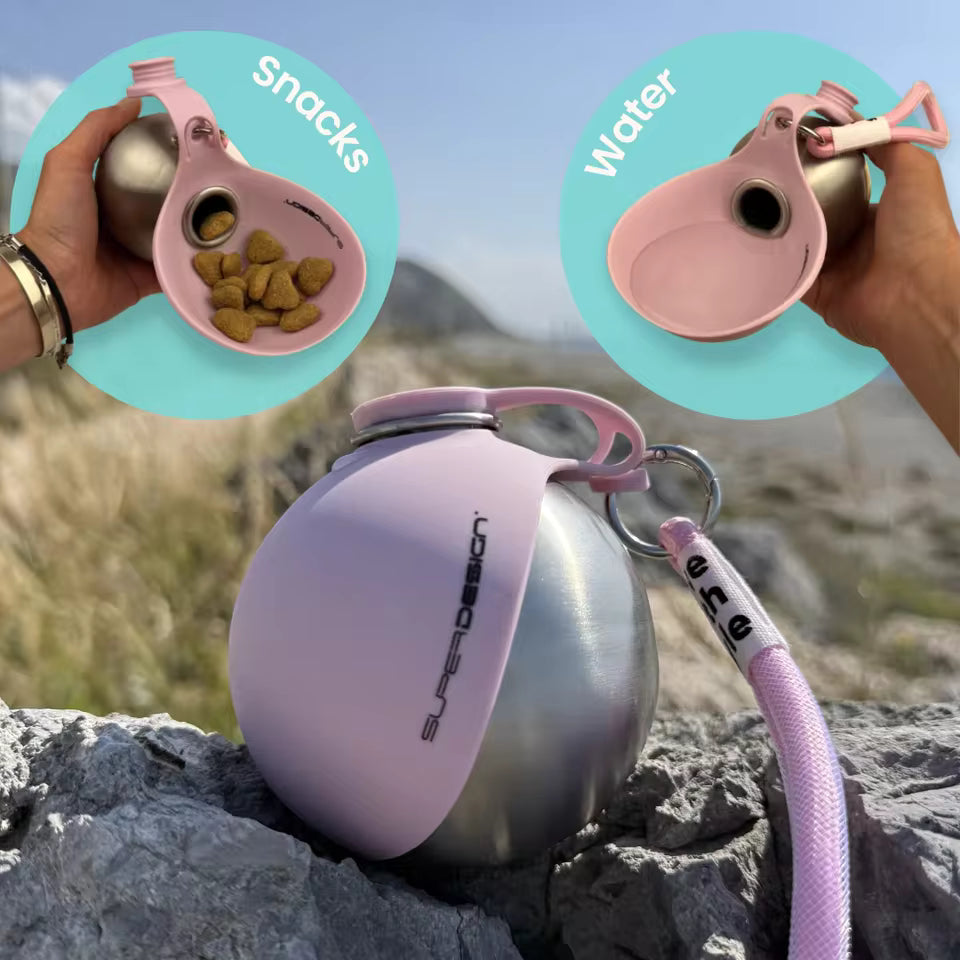 Portable leakproof dog water bottle with integrated drinking bowl being used outdoors during a summer walk
