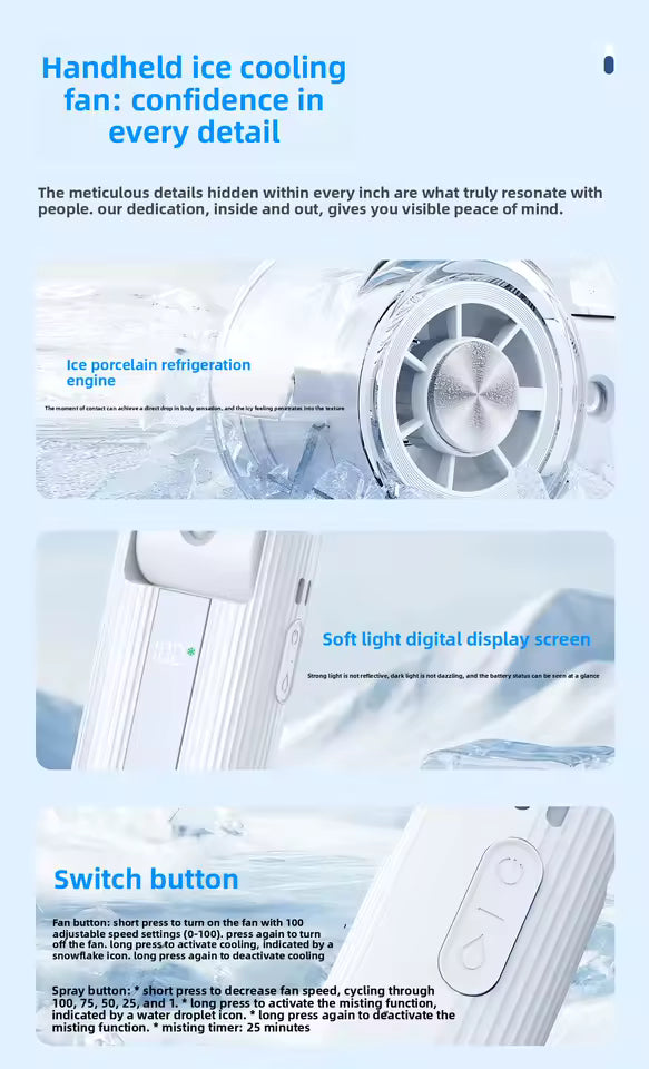 Portable Mini Fan with Ice Cooling & Mist Spray | USB Rechargeable Handheld Fan