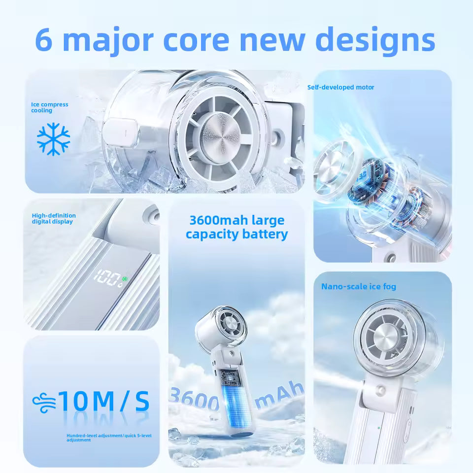 Portable Mini Fan with Ice Cooling & Mist Spray | USB Rechargeable Handheld Fan