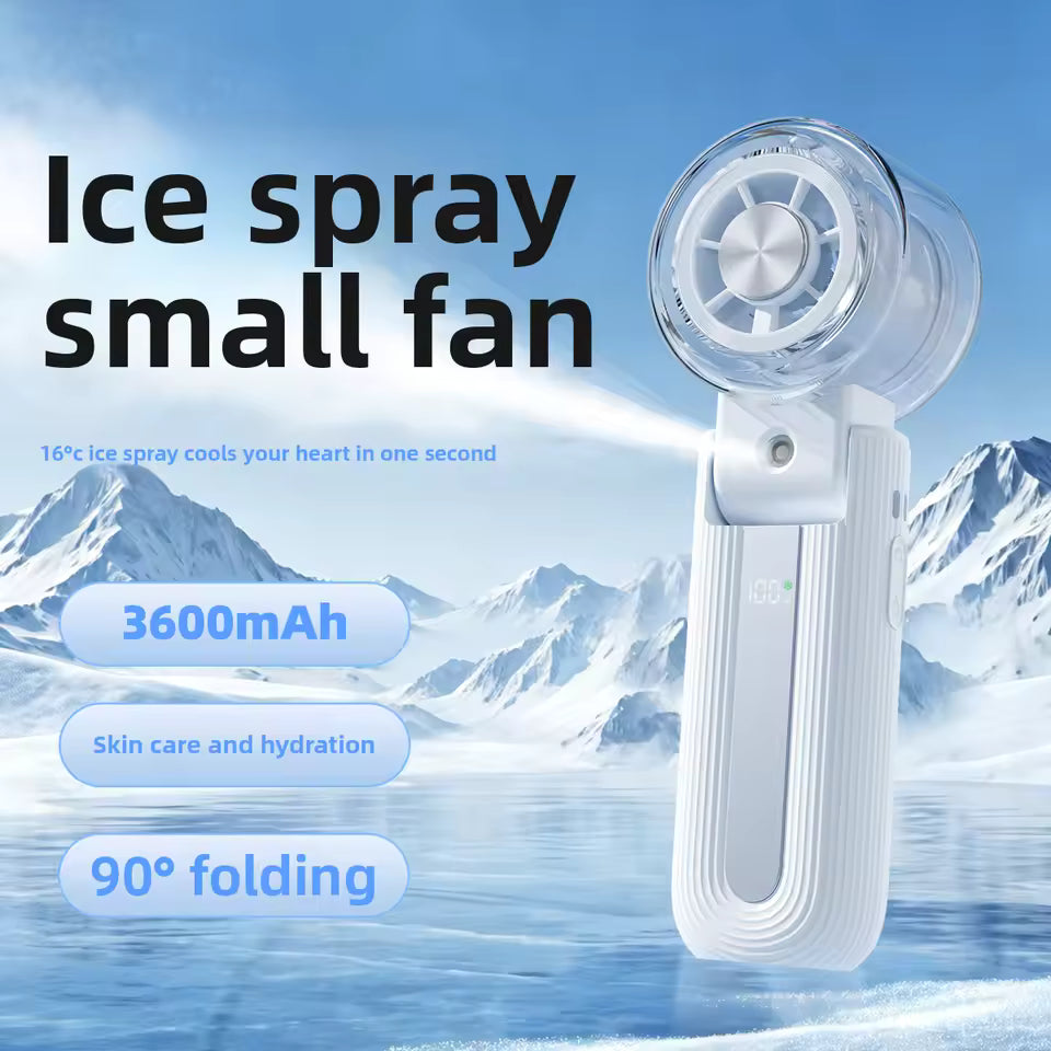 Portable Mini Fan with Ice Cooling & Mist Spray | USB Rechargeable Handheld Fan