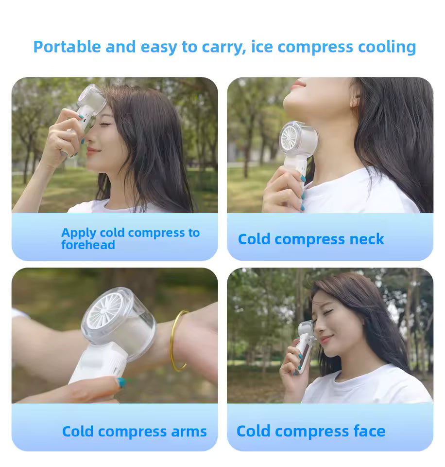 Portable Mini Fan with Ice Cooling & Mist Spray | USB Rechargeable Handheld Fan