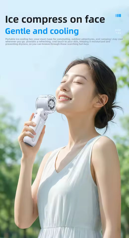 Portable Mini Fan with Ice Cooling & Mist Spray | USB Rechargeable Handheld Fan
