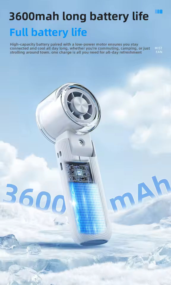 Portable Mini Fan with Ice Cooling & Mist Spray | USB Rechargeable Handheld Fan