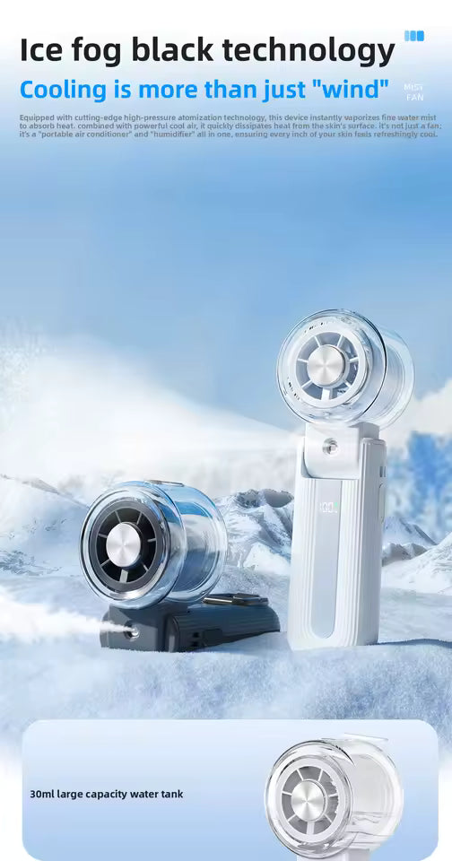Portable Mini Fan with Ice Cooling & Mist Spray | USB Rechargeable Handheld Fan