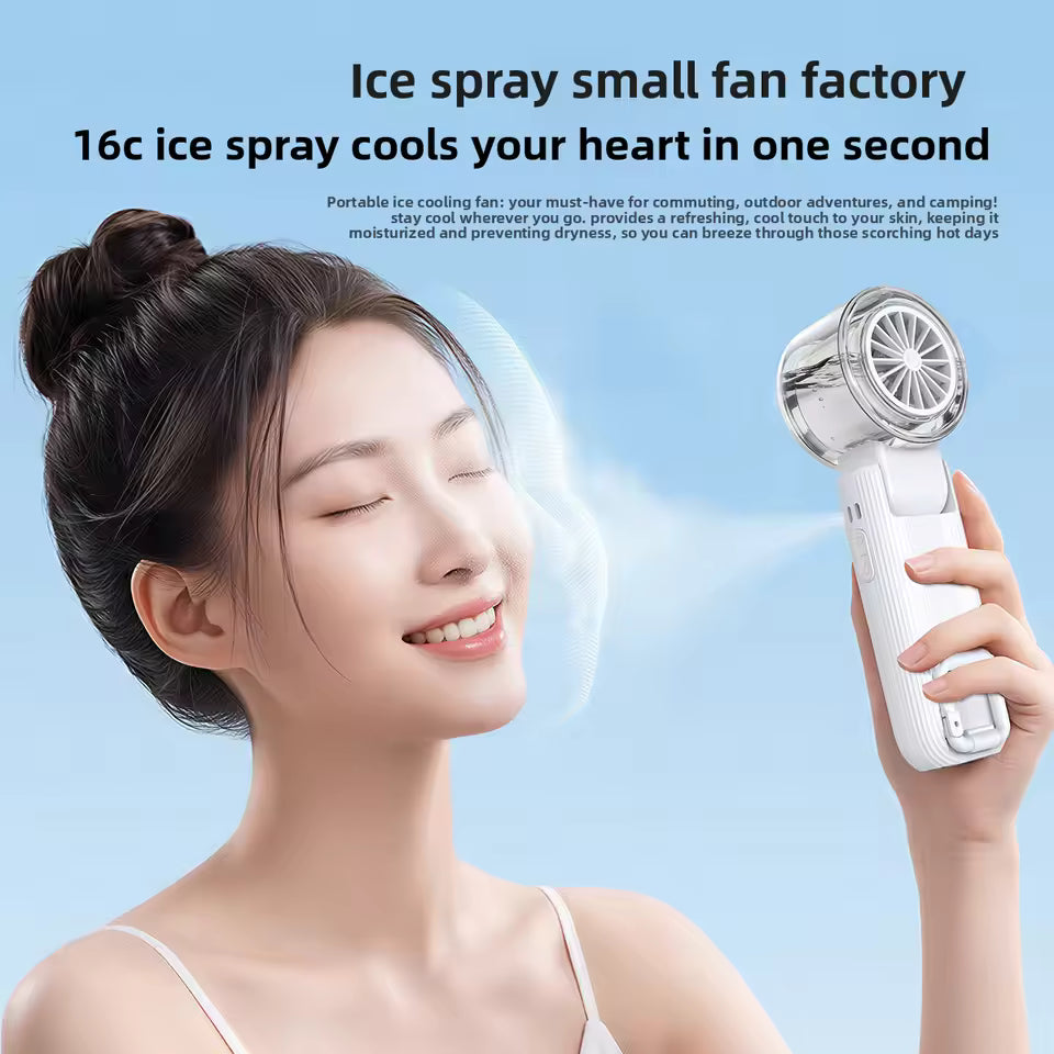 Portable Mini Fan with Ice Cooling & Mist Spray | USB Rechargeable Handheld Fan