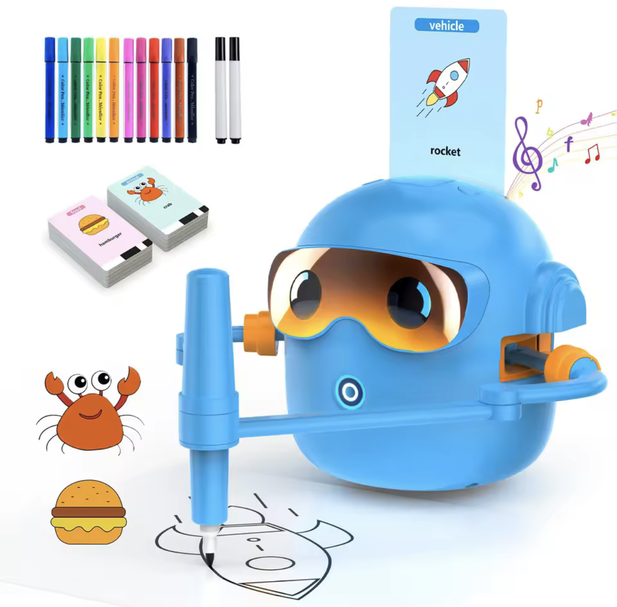 Interactive kids drawing robot with 100 drawing cards and colourful pens helping a child learn to draw step by step