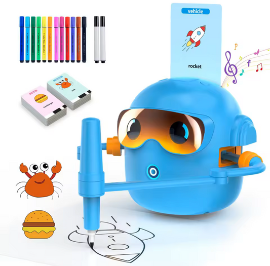 Interactive kids drawing robot with 100 drawing cards and colourful pens helping a child learn to draw step by step